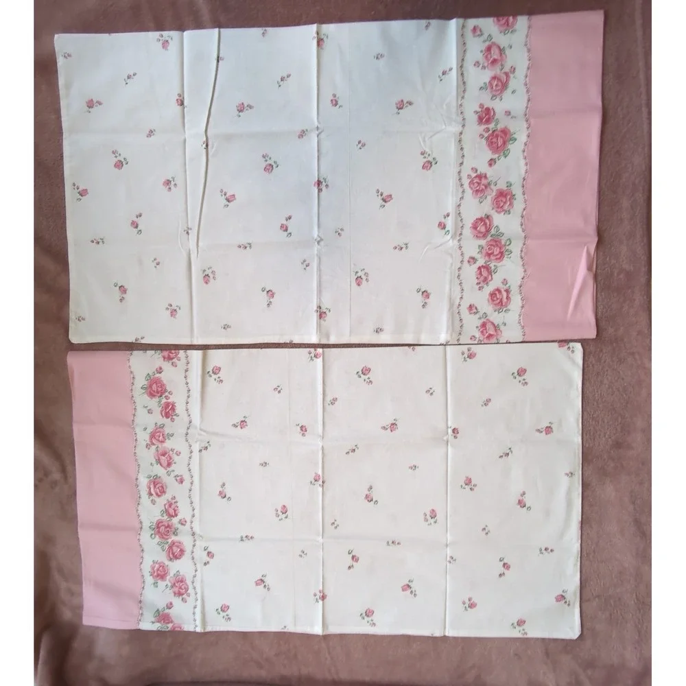 Vintage Pink Rose Floral Standard Pillowcase Pair Cottagecore Shabby Chic Unused